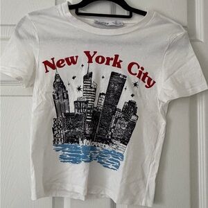 Bershka White Short Sleeve 'New York City' Graphic Tee with Red Lettering